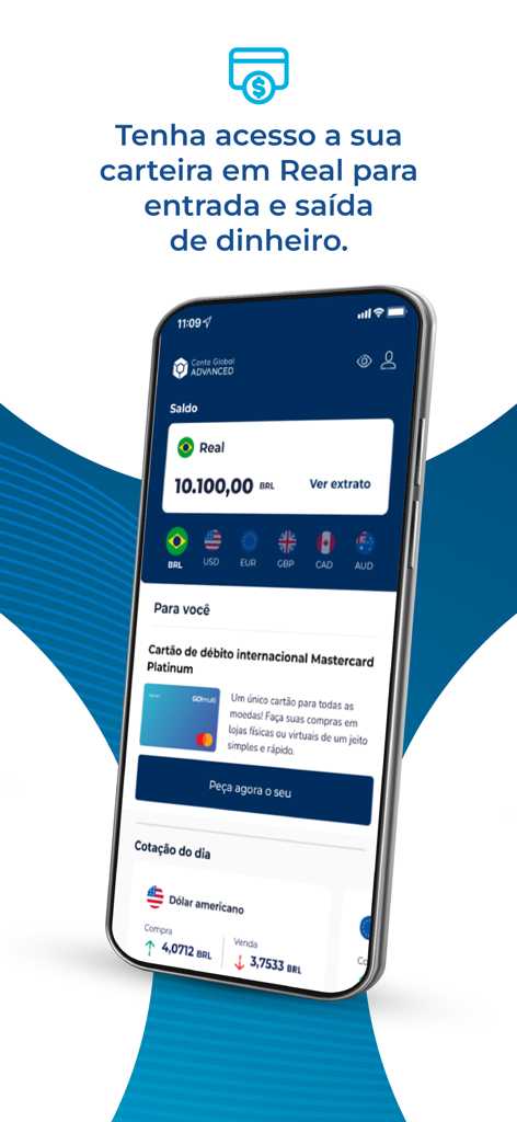Conta Global Advanced by BS2 - Smartphone screen displaying the Conta Global Advanced app with a balance in Brazilian Real and multi-currency options