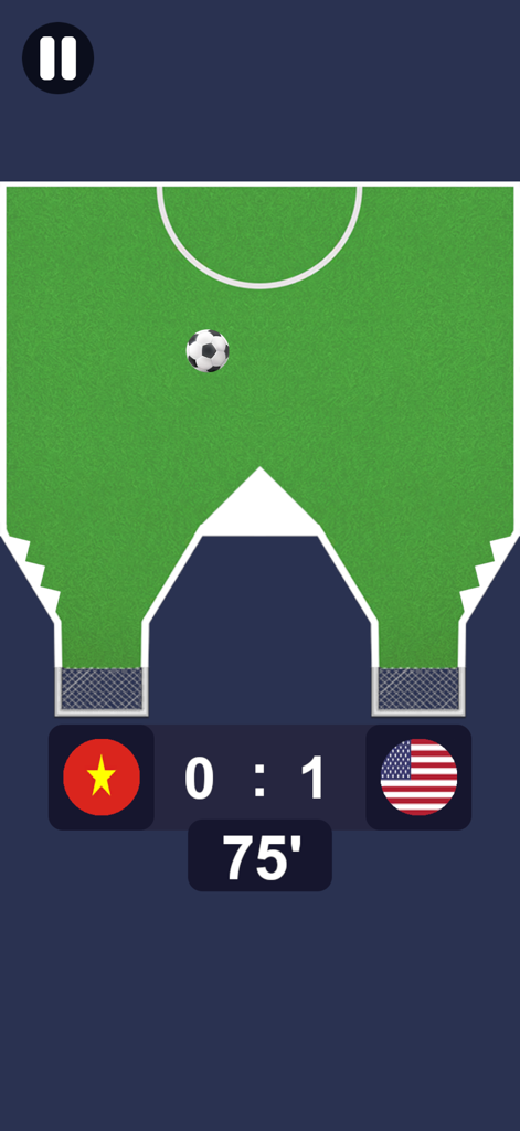 ベトナム対アメリカのスコア1対0で、緑のフィールドにサッカーボールが表示されているマーブルフットボールのゲームプレイのトップダウンビュー。