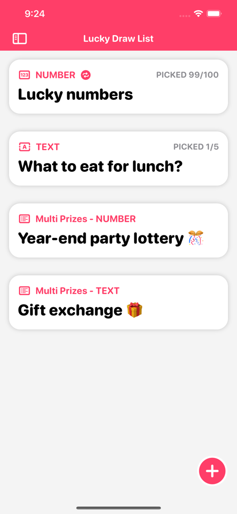 ラッキードロー ランダムピッカー アプリのインターフェイス。数字、ランチ、パーティーの抽選など、意思決定のためのカスタムリストを表示しています。