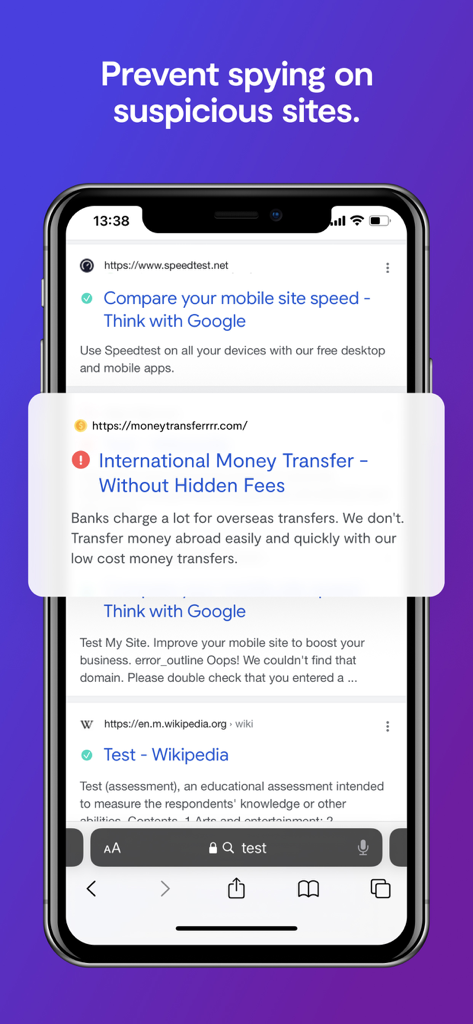 Clarioモバイルアプリのインターフェースに、セキュリティ警告付きの疑わしいウェブサイトリンクが強調表示されています。