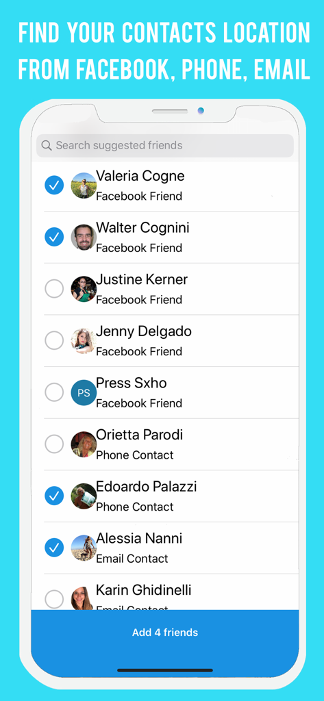 Locate & Track Phone By Number - Schermata mobile che mostra un elenco di contatti da aggiungere per il tracciamento della posizione da Facebook, telefono ed email