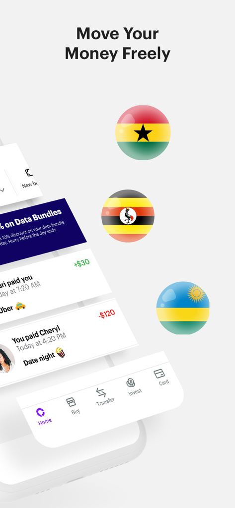 Chipper Cash - Interfaccia dell'app Chipper Cash che mostra trasferimenti di denaro transfrontalieri verso paesi africani come Ghana, Uganda e Ruanda