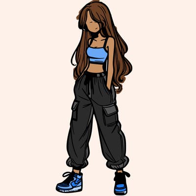 girl in baggy pants crop top and long hair