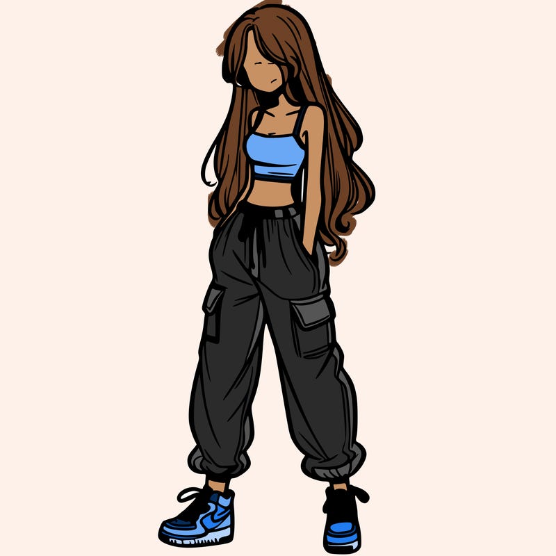 girl in baggy pants crop top and long hair