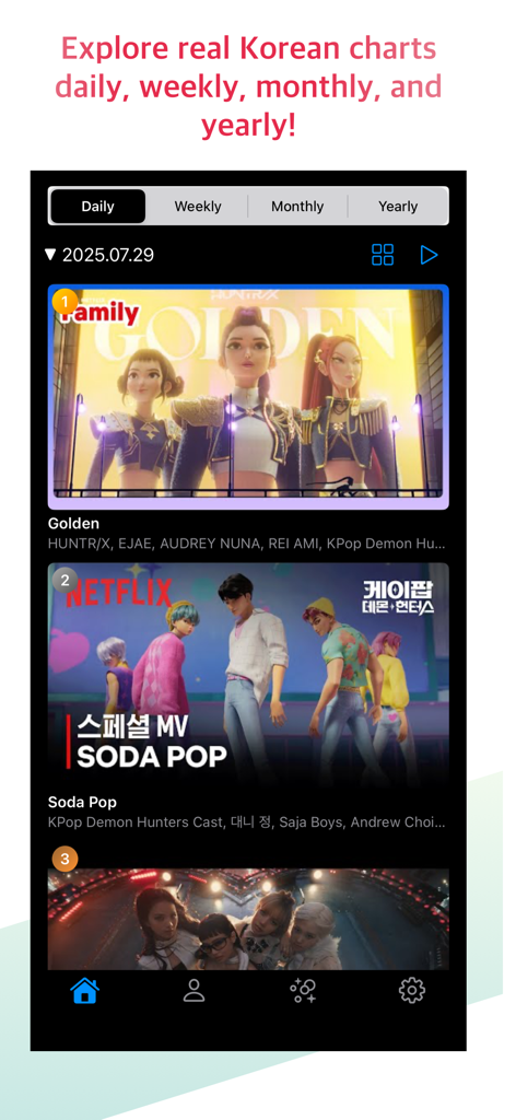 K-Pop Tube - La aplicación K-Pop Tube muestra las listas diarias de videos musicales de Corea.