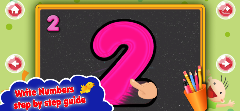 ABC 123 Tracing and Writing - Nachzeichnen der Zahl Zwei auf einer Tafel in der App ABC 123 Tracing and Writing