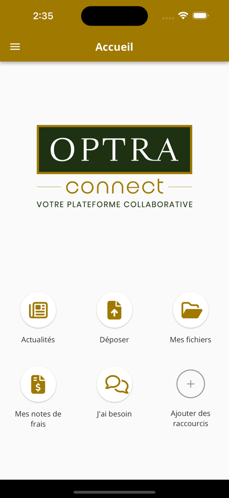 Écran d'accueil de l'application Optra Connect avec des icônes pour les actualités, le téléchargement de fichiers et la gestion des dépenses.