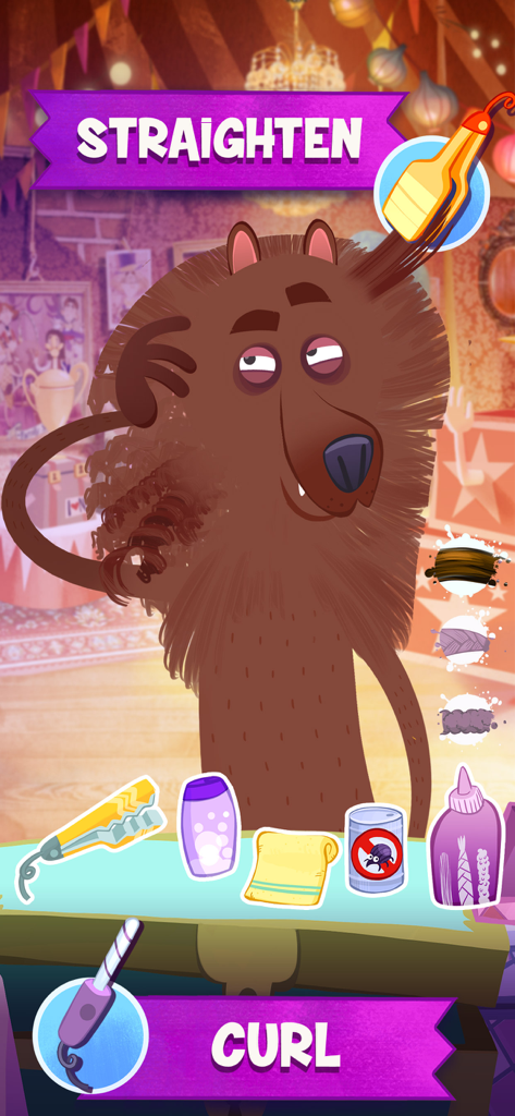 Un personaje de oso de dibujos animados recibiendo un cambio de imagen de cabello con herramientas de alisado y rizado en un salón con temática circense.