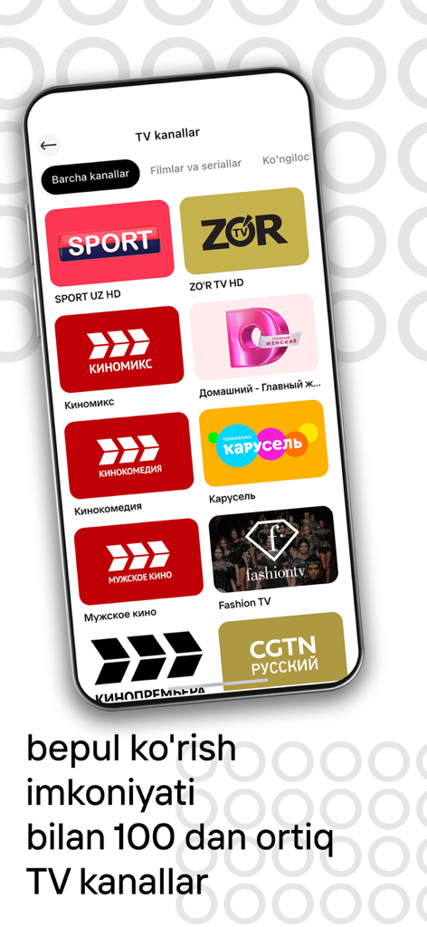 OQ - Mobile Ansicht der OQ App, die eine Liste von über 100 Live-TV-Kanälen zum kostenlosen Streamen anzeigt.
