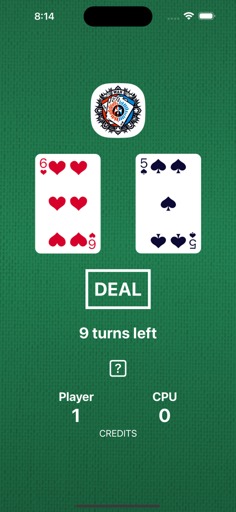 WAR! - Card Game - Minimalist interface of the War card game app showing cards dealt on a green table with player and cpu scores