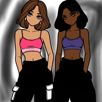 two girls with crop top with baggy pants