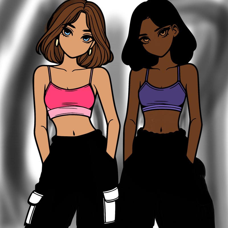 two girls with crop top with baggy pants
