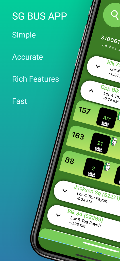 SG Bus Plus app interface showing real-time bus arrival times and nearby bus stops in Singapore