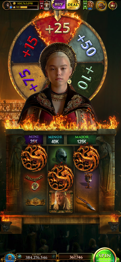 Una ruota dei premi e una slot machine con personaggi di House of the Dragon nell'app mobile Game of Thrones Slots Casino.