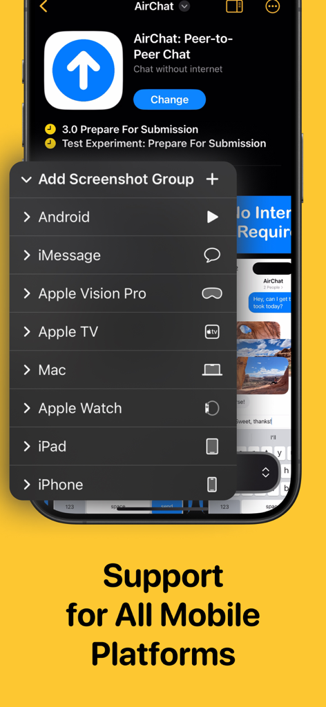 Picasso App Screenshot Studio - Menú de Picasso App Screenshot Studio mostrando soporte para la generación de capturas de pantalla para iPhone, iPad, Mac y Apple Vision Pro