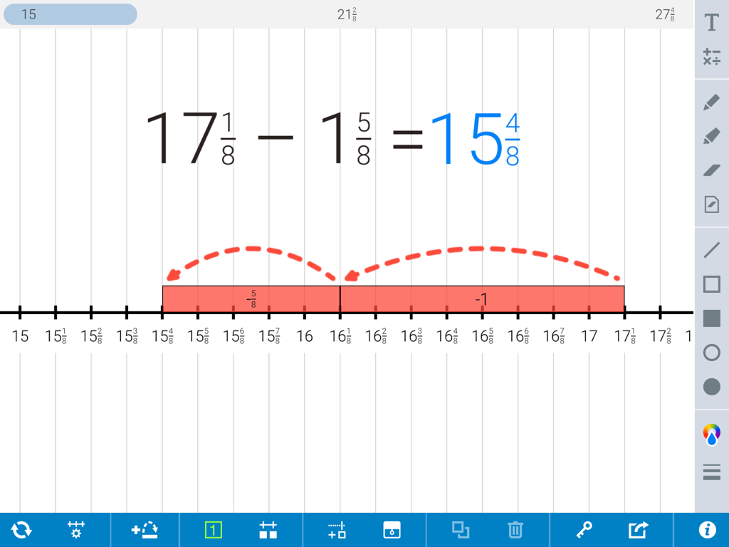 A math app showing subtraction with fractions and jumps on a number line