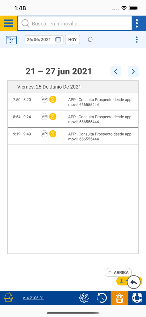 Vista de calendario de la aplicación inmobiliaria Inmovilla que muestra tareas diarias y registros de actividad