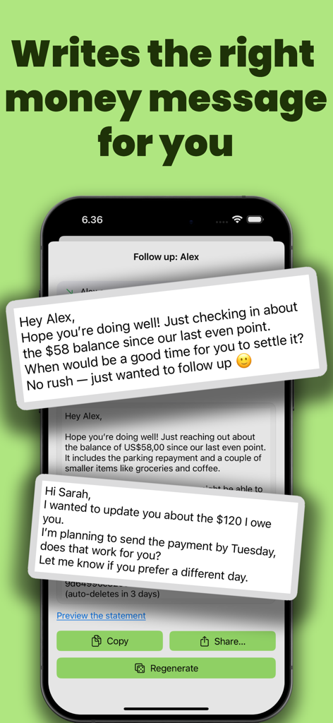 Loan Tracker: You Owe Me - Interface of the Loan Tracker app showing AI generated polite messages for requesting and updating money repayments