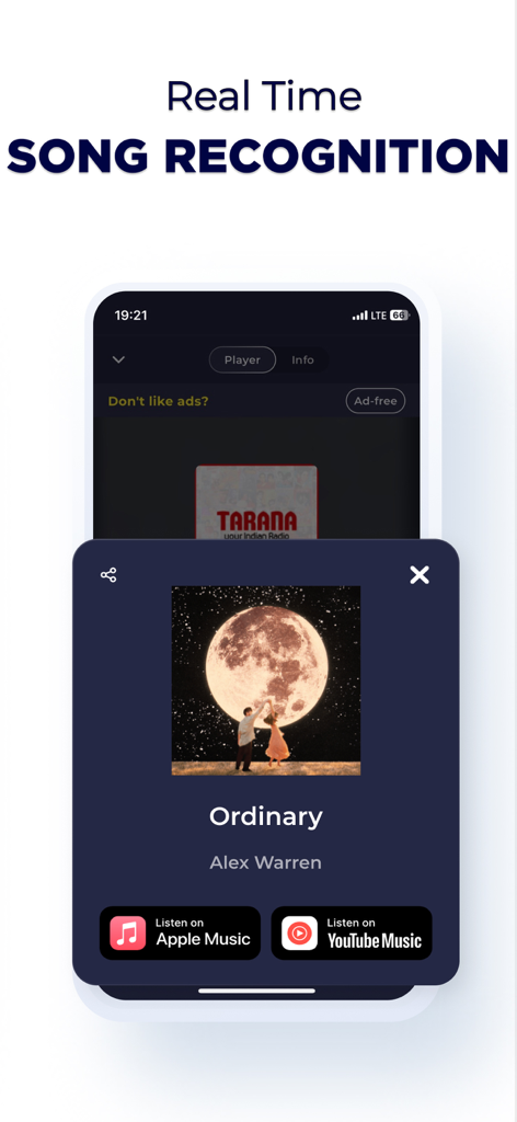 Radio New Zealand: FM & Online - Recurso de reconhecimento de música em tempo real no aplicativo Radio New Zealand mostrando detalhes da música e links de streaming de música.