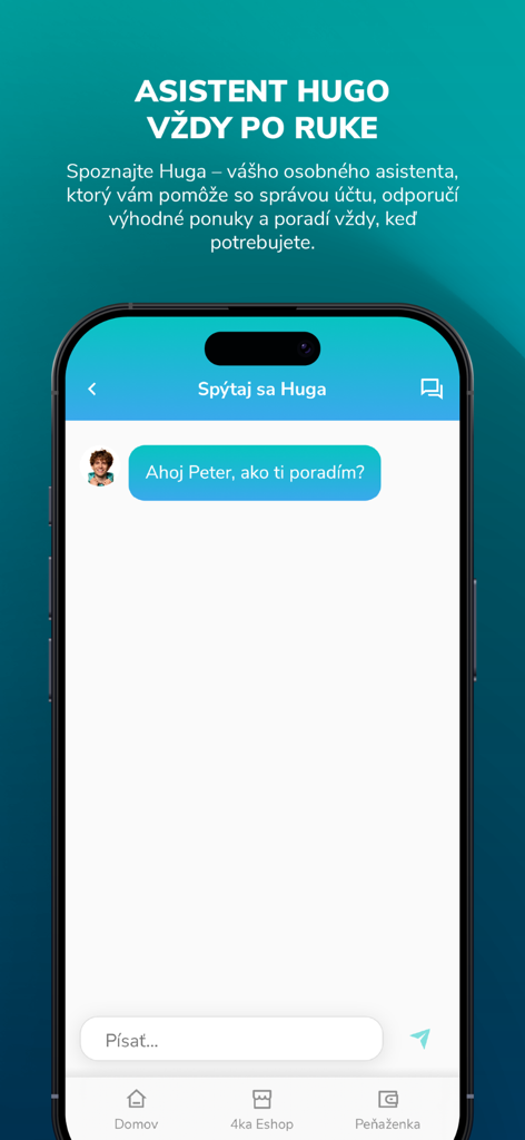 Interface de chat do aplicativo Moja 4ka apresentando o assistente digital Hugo