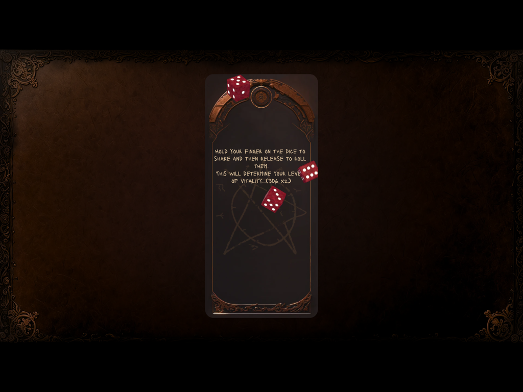 Angor : RPG - A screen from Angor RPG showing red dice rolling to determine the player character vitality level