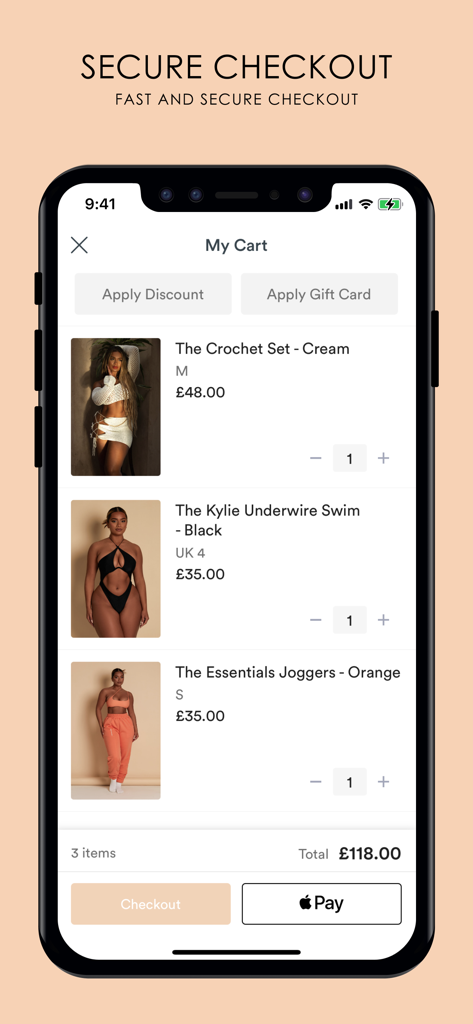 Mars The Label - Mobile app shopping cart interface for Mars The Label showing fashion items and Apple Pay checkout option