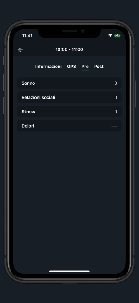 Kama.Player - アスリートが睡眠、ストレス、痛みのレベルを追跡するためのセッション前のフィードバック画面を表示するKama Playerアプリインターフェース。
