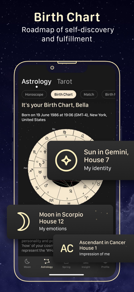 Moon Calendar — MoonX - MoonXアプリのインターフェースで詳細な占星術の出生図が表示されたスマートフォン