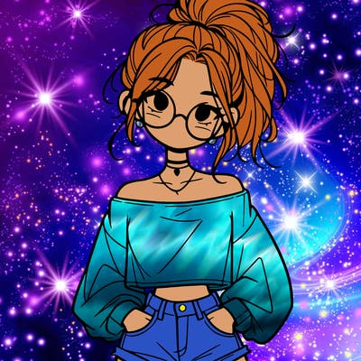 girl with a messy ponytail glasses a baggy crop top and jean shorts