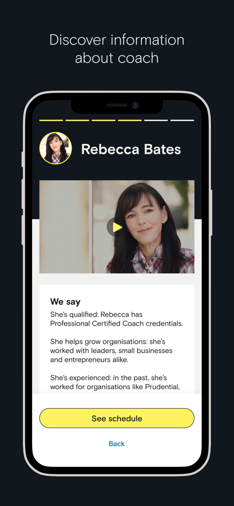 EZRA Сoaching - Coach profile screen in the EZRA Coaching app featuring Rebecca Bates with her professional credentials and a button to see her schedule.
