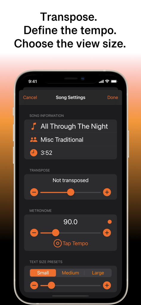 Interfaz de la aplicación SongFolio que muestra opciones para transponer acordes, establecer el tempo del metrónomo y cambiar el tamaño del texto.