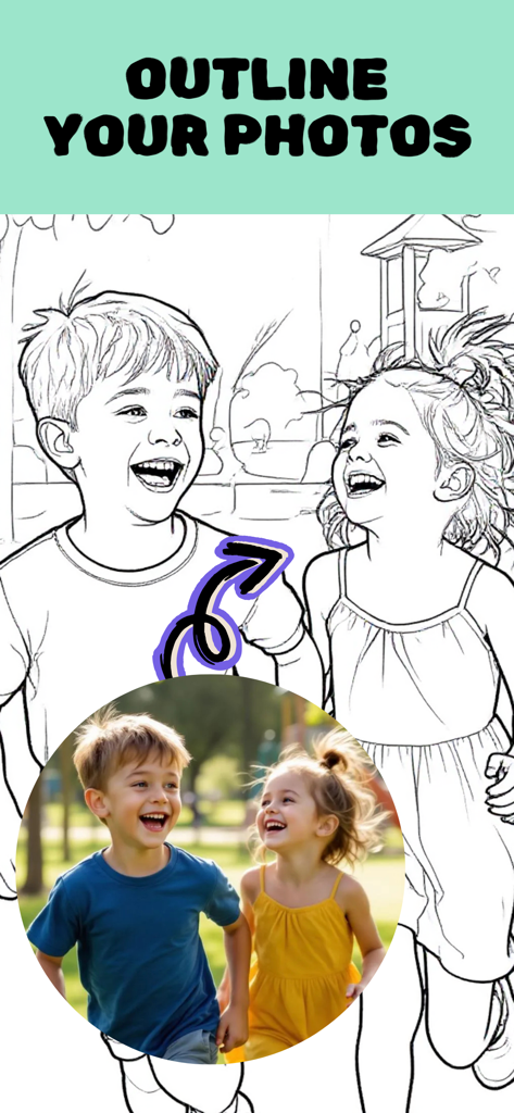 Uma fotografia de duas crianças rindo ao lado de uma versão em desenho linear em preto e branco da mesma imagem