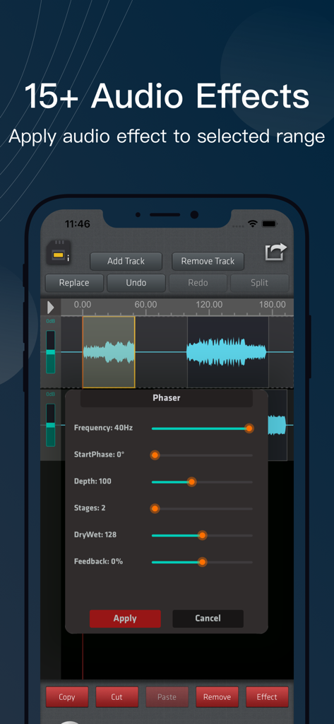 SoundLab mobile app interface showing a phaser effect applied to a selected audio track waveform