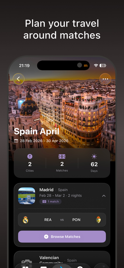 Ground Hopper Stadium Passport - Ground Hopper app screen showing a planned sports travel itinerary for football matches in Spain