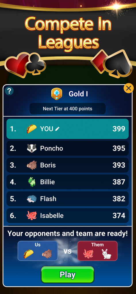 Una pantalla de clasificación que muestra los rangos de la liga Oro I y la configuración de partidos de equipo en Spades Classic Card Game.