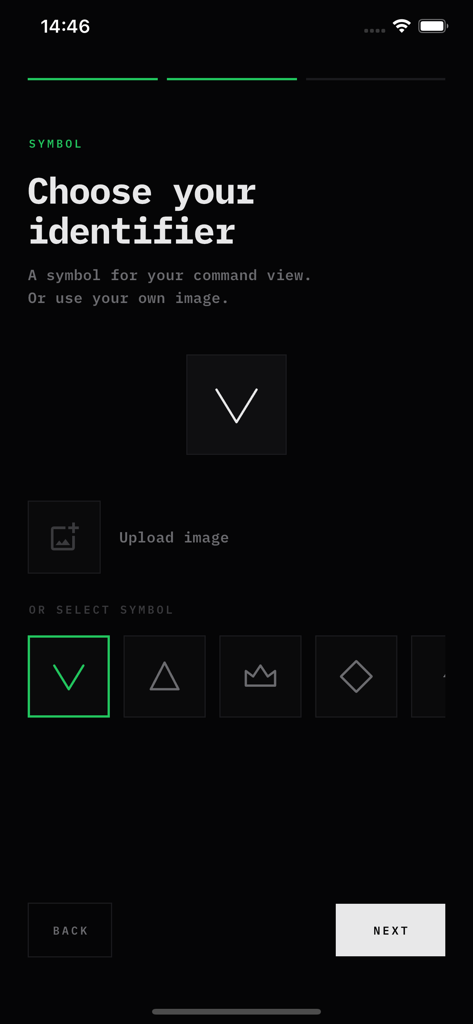 Pantalla de incorporación de la aplicación Vertex para elegir un identificador de símbolo empresarial