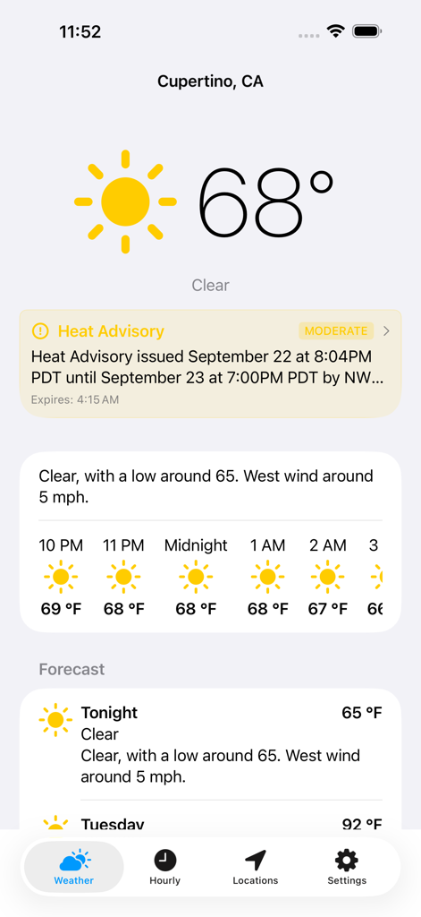 Weather NOAA - The Weather NOAA app interface showing 68 degrees, a heat advisory, and detailed text forecast for Cupertino.