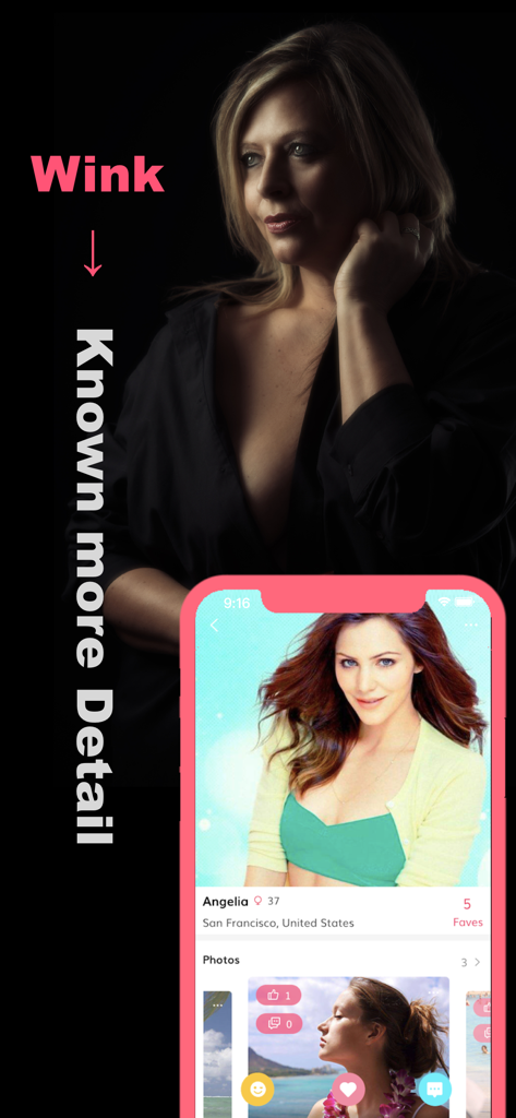 Cougar Dating Adults Singles - Interfaz de la aplicación de Citas Cougar mostrando un perfil detallado de una mujer y la función de interacción de guiño