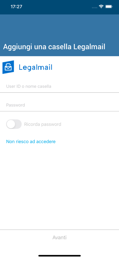 Legalmail - Ecrã de login da aplicação Legalmail mostrando campos para ID de utilizador e palavra-passe para adicionar uma conta de e-mail certificado