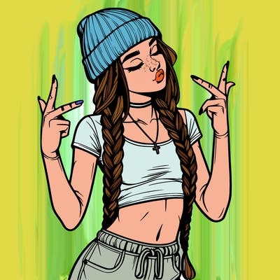realistic teenage girl with braids and a beanie and crop top doing 🫶🏼