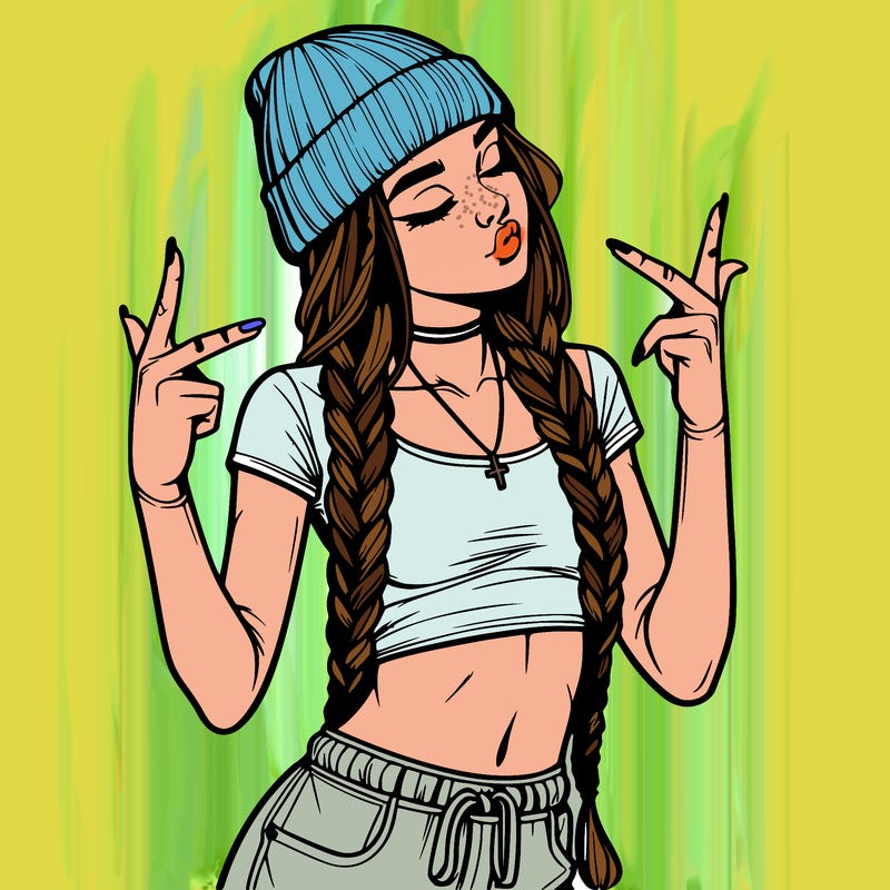 realistic teenage girl with braids and a beanie and crop top doing 🫶🏼