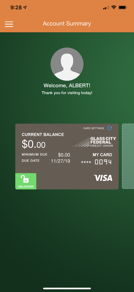 Écran de résumé de compte de l'application Glass City Card Controls affichant le solde d'une carte Visa et le statut déverrouillé