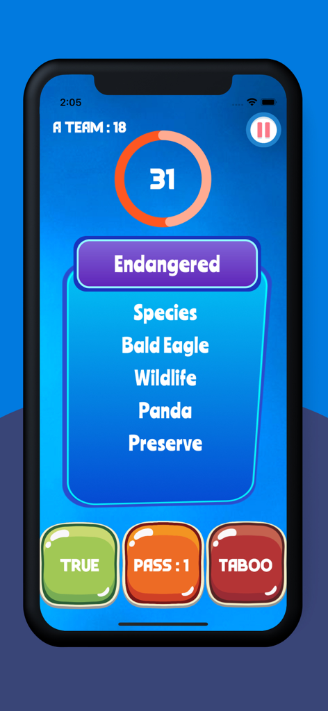 Say & Play - Say and Play アプリのゲームプレイ画面。禁止単語のリストとカウントダウンタイマーが表示された「絶滅危惧種」というメイン単語が表示されています。