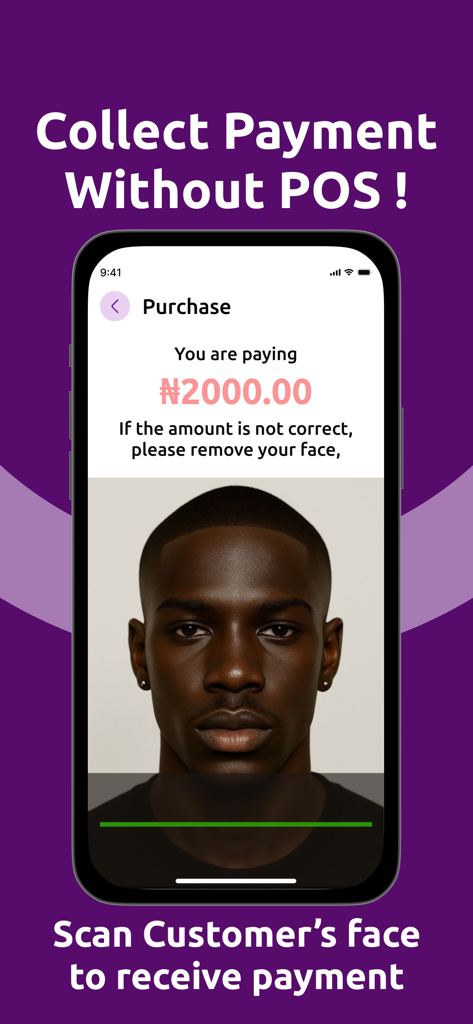 FaceCard app interface showing a facial recognition scan to collect payment without a POS terminal