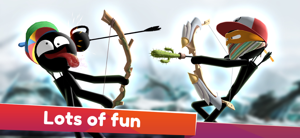 Archers Online: PvP - Two customized stickman characters in a humorous archery duel featuring a cactus arrow and a propeller hat.