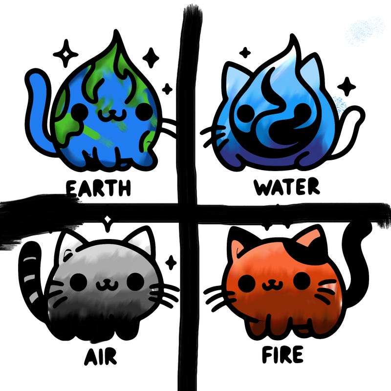 4 cats that represent the different elements, earth, water, air, and fire