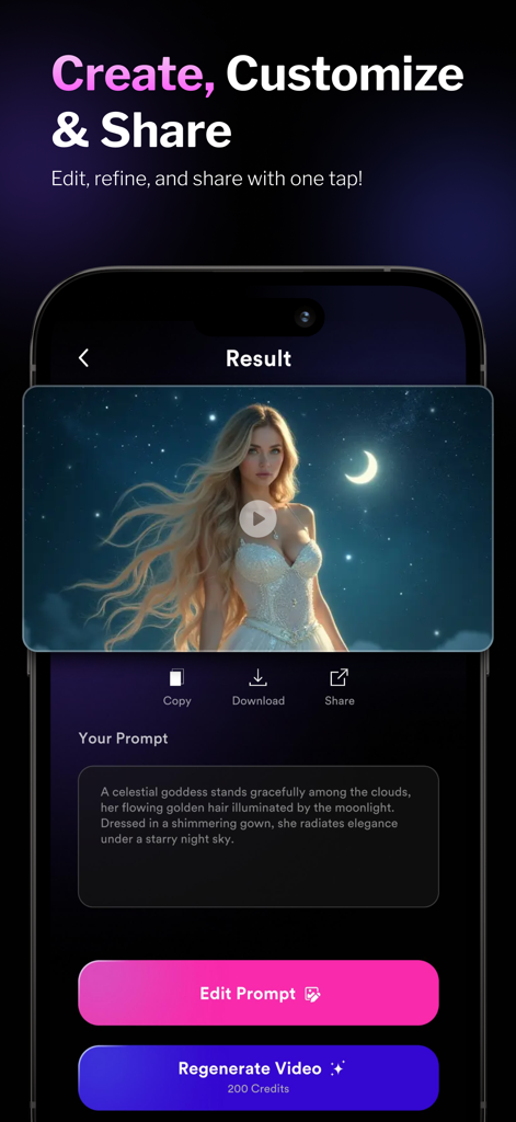 Der Pixel Loom App-Ergebnisbildschirm, der ein KI-generiertes Video einer himmlischen Göttin unter einem Sternenhimmel mit Optionen zum Bearbeiten, Herunterladen und Teilen anzeigt.