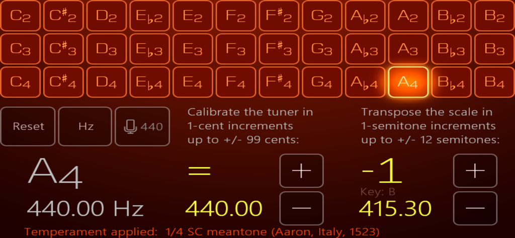 Airyware Tuner app screen showing pitch calibration settings scale transposition and historical temperament options
