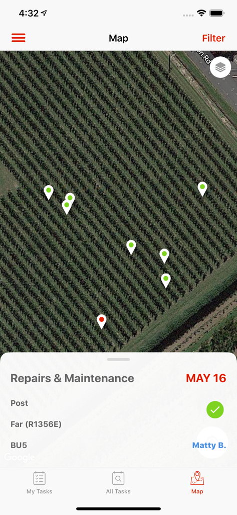 Satellite map view within the Hectre app displaying orchard task locations and maintenance details