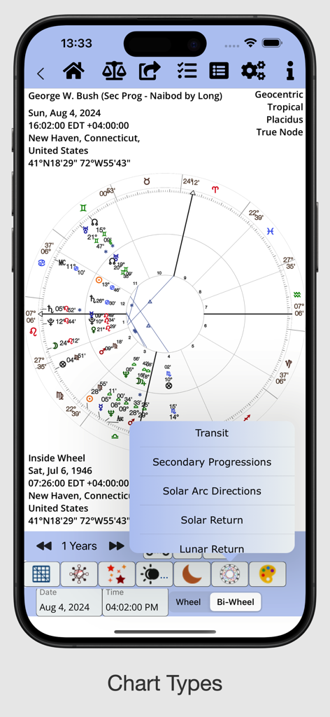 AstroConnexions for iPhone - AstroConnexions iPhone app displaying a menu for technical astrology chart types including Secondary Progressions and Solar Returns.